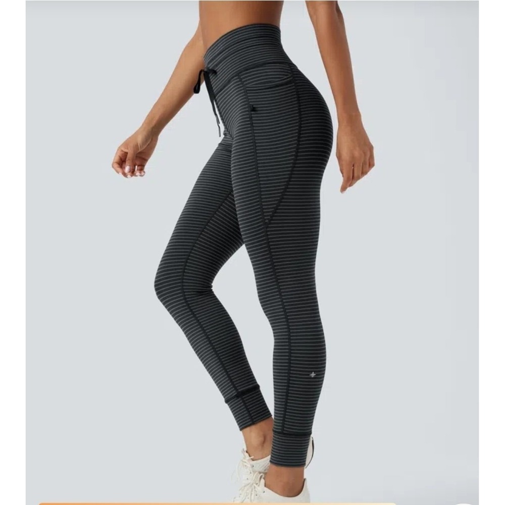 Halara Women High Waisted Drawstring Striped Yoga Leggings Pockets Steel XL